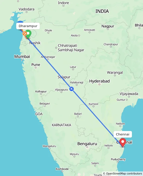 Route map showing distance and travel time from Dharampur, India to Chennai, India