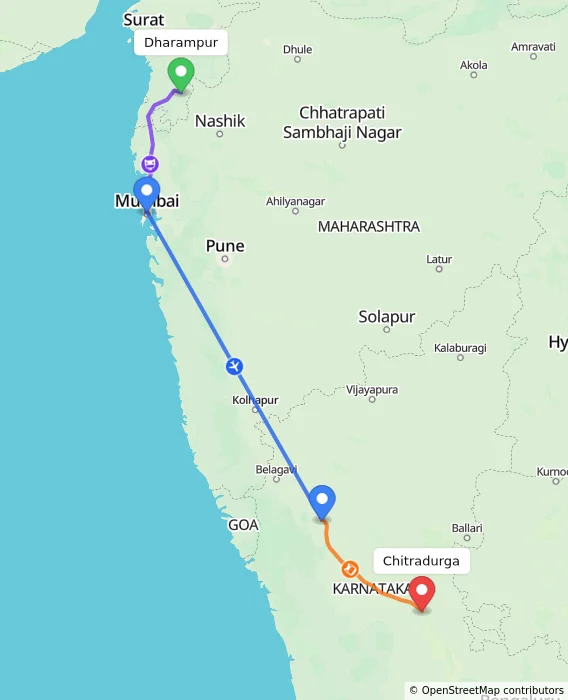 Route map showing distance and travel time from Dharampur, India to Chitradurga, India