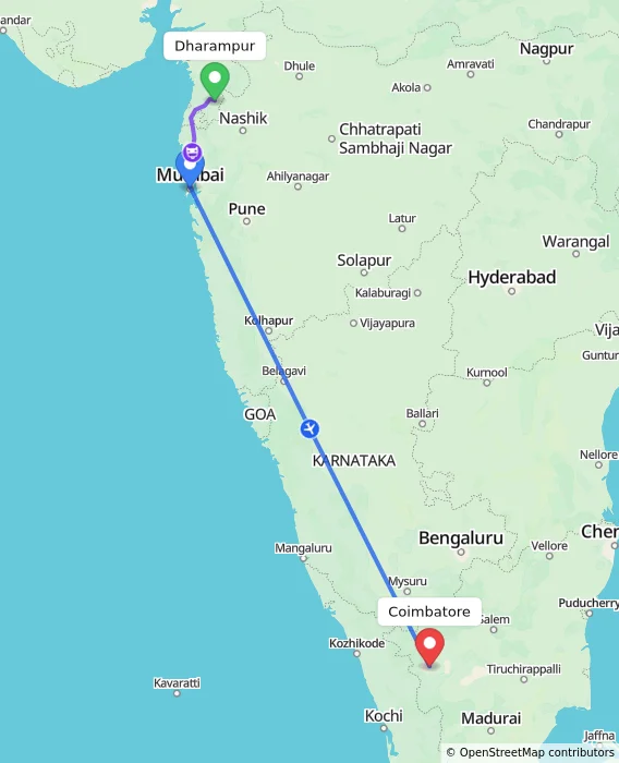 Route map showing distance and travel time from Dharampur, India to Coimbatore, India