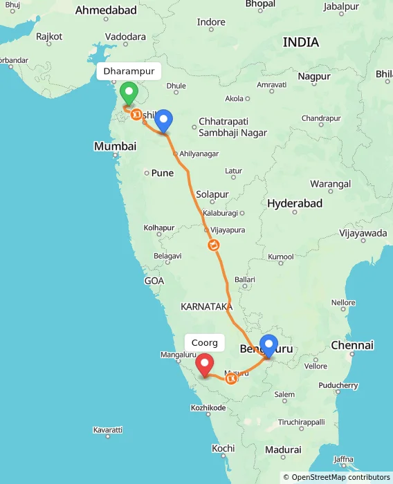 Route map showing distance and travel time from Dharampur, India to Coorg, India
