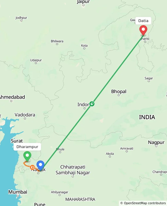 Route map showing distance and travel time from Dharampur, India to Datia, India
