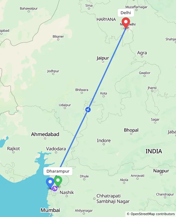 Route map showing distance and travel time from Dharampur, India to Delhi, India