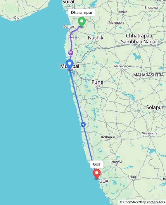 Route map showing distance and travel time from Dharampur, India to Goa, India