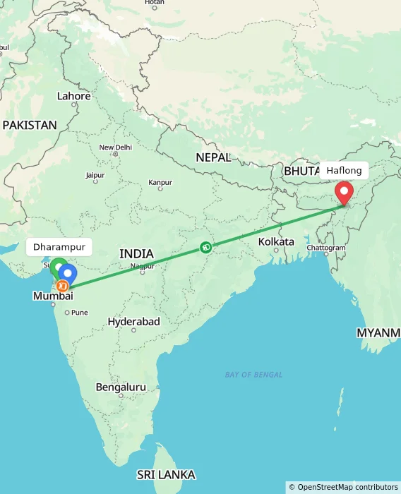 Route map showing distance and travel time from Dharampur, India to Haflong, India