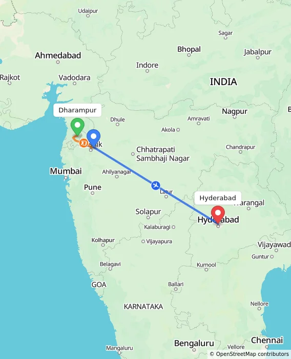 Route map showing distance and travel time from Dharampur, India to Hyderabad, India
