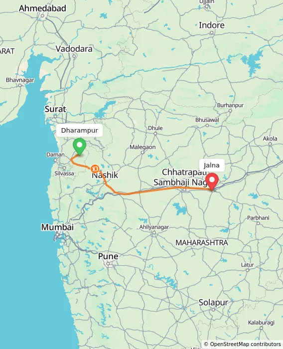 Route map showing distance and travel time from Dharampur, India to Jalna, India