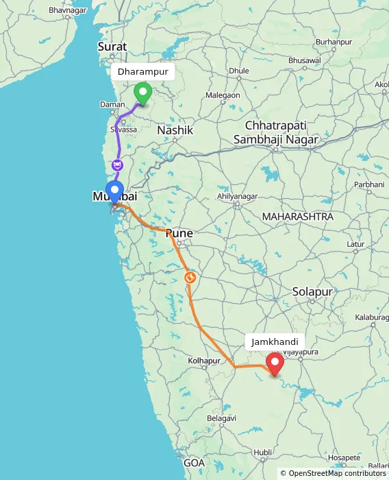 Route map showing distance and travel time from Dharampur, India to Jamkhandi, India