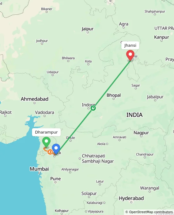 Route map showing distance and travel time from Dharampur, India to Jhansi, India