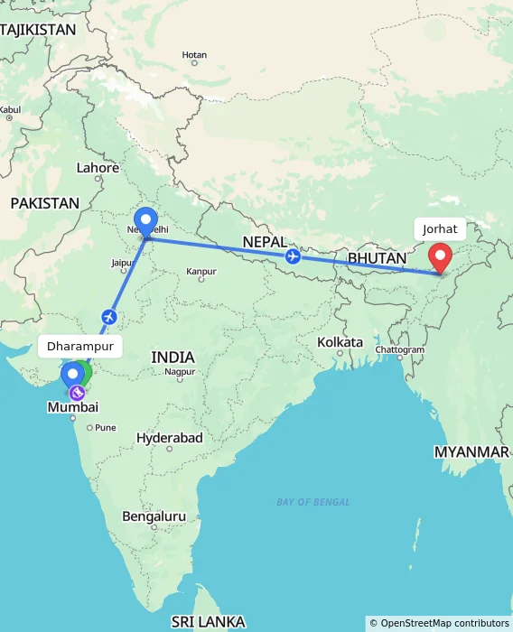 Route map showing distance and travel time from Dharampur, India to Jorhat, India