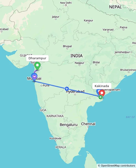 Route map showing distance and travel time from Dharampur, India to Kakinada, India
