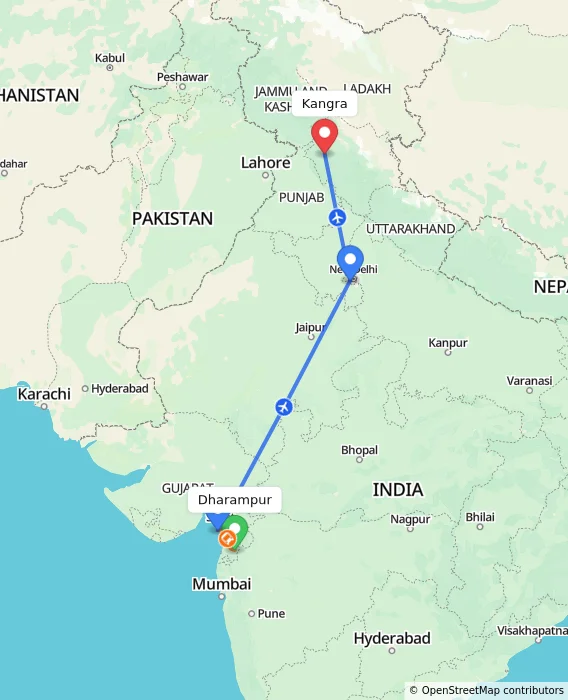 Route map showing distance and travel time from Dharampur, India to Kangra, India