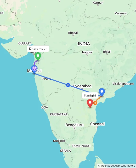 Route map showing distance and travel time from Dharampur, India to Kanigiri, India