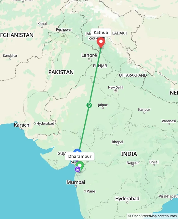 Route map showing distance and travel time from Dharampur, India to Kathua, India