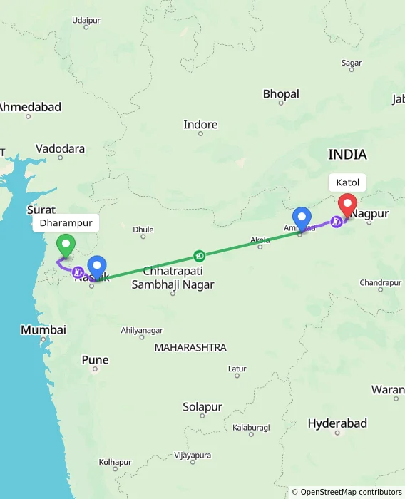 Route map showing distance and travel time from Dharampur, India to Katol, India
