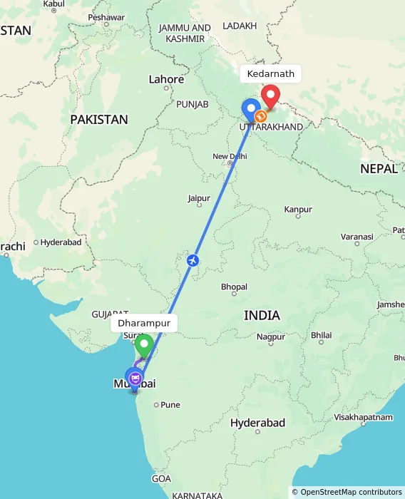 Route map showing distance and travel time from Dharampur, India to Kedarnath, India