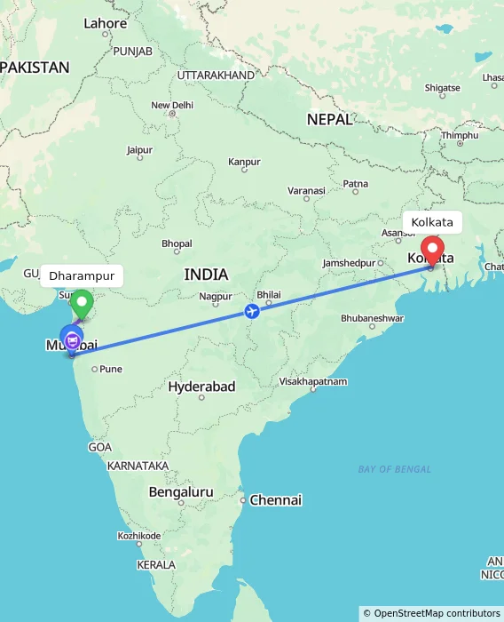Route map showing distance and travel time from Dharampur, India to Kolkata, India
