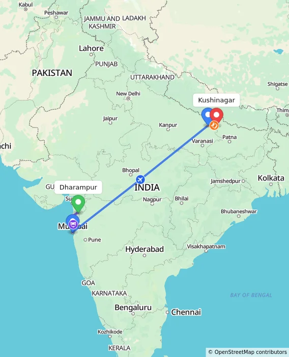 Route map showing distance and travel time from Dharampur, India to Kushinagar, India
