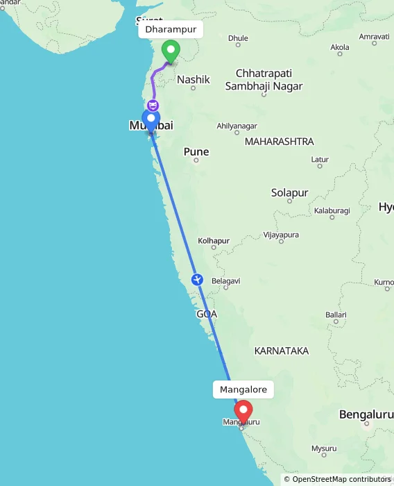 Route map showing distance and travel time from Dharampur, India to Mangalore, India