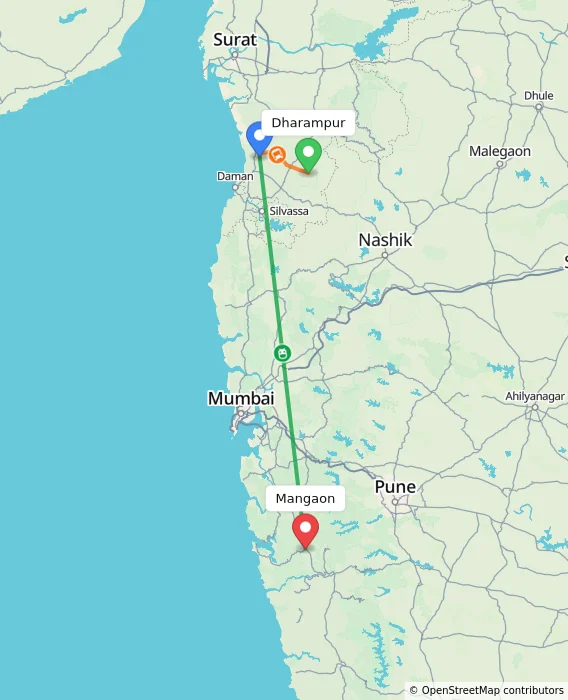 Route map showing distance and travel time from Dharampur, India to Mangaon, India