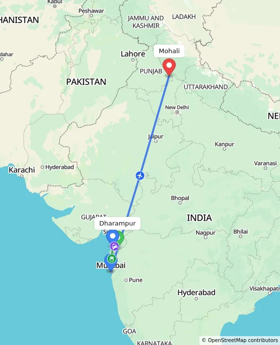 Route map showing distance and travel time from Dharampur, India to Mohali, India
