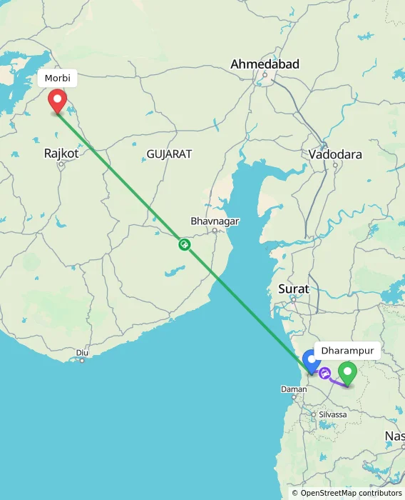 Route map showing distance and travel time from Dharampur, India to Morbi, India
