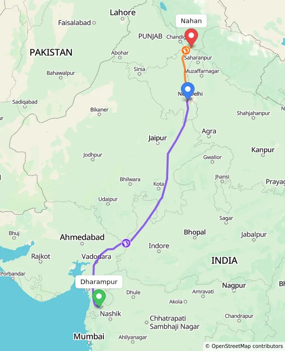 Route map showing distance and travel time from Dharampur, India to Nahan, India