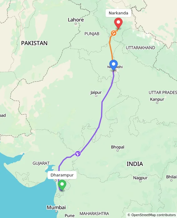 Route map showing distance and travel time from Dharampur, India to Narkanda, India