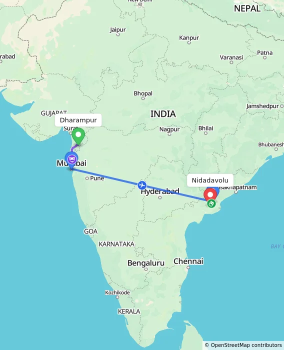 Route map showing distance and travel time from Dharampur, India to Nidadavolu, India