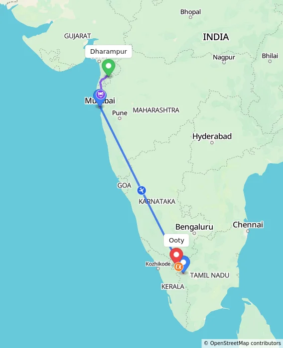 Route map showing distance and travel time from Dharampur, India to Ooty, India
