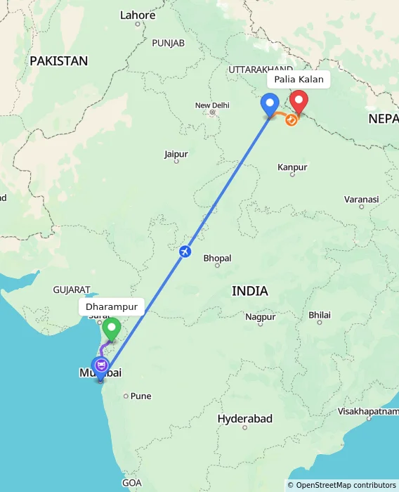 Route map showing distance and travel time from Dharampur, India to Palia Kalan, India