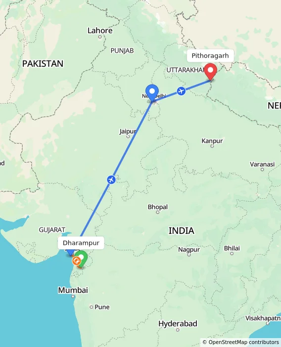 Route map showing distance and travel time from Dharampur, India to Pithoragarh, India