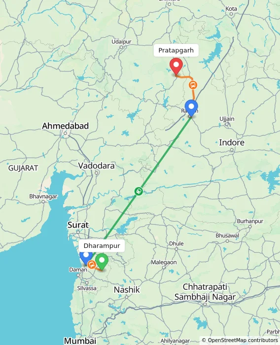 Route map showing distance and travel time from Dharampur, India to Pratapgarh, India