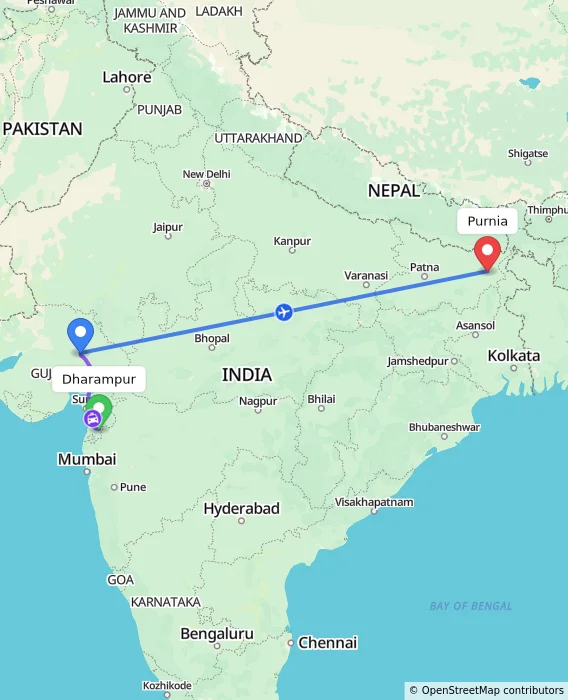Route map showing distance and travel time from Dharampur, India to Purnia, India