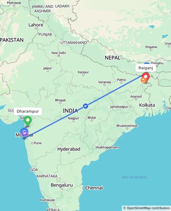 Route map showing distance and travel time from Dharampur, India to Raiganj, India