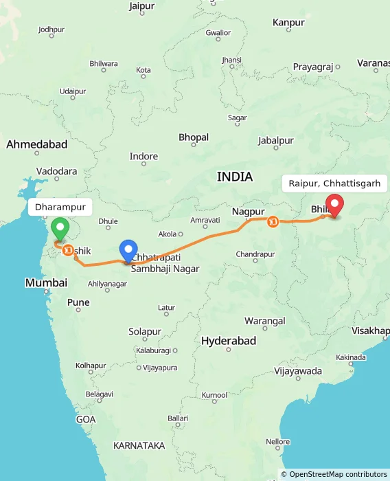 Route map showing distance and travel time from Dharampur, India to Raipur, Chhattisgarh, India
