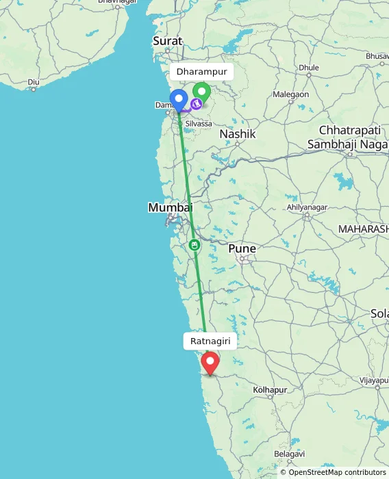 Route map showing distance and travel time from Dharampur, India to Ratnagiri, India