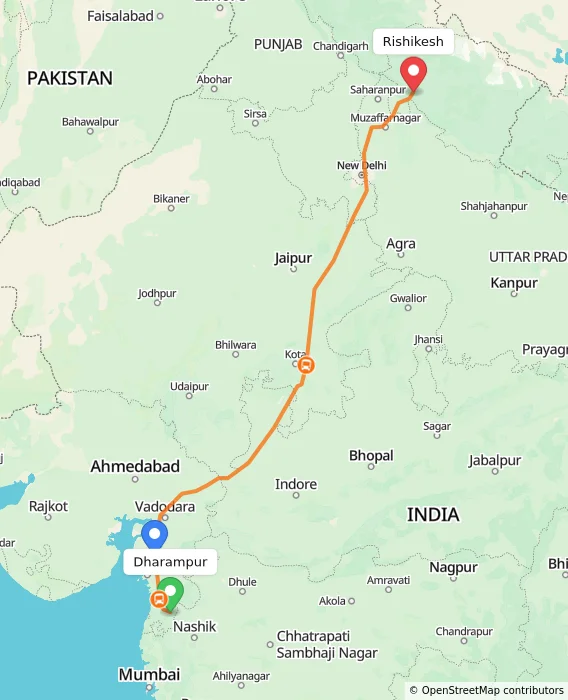 Route map showing distance and travel time from Dharampur, India to Rishikesh, India