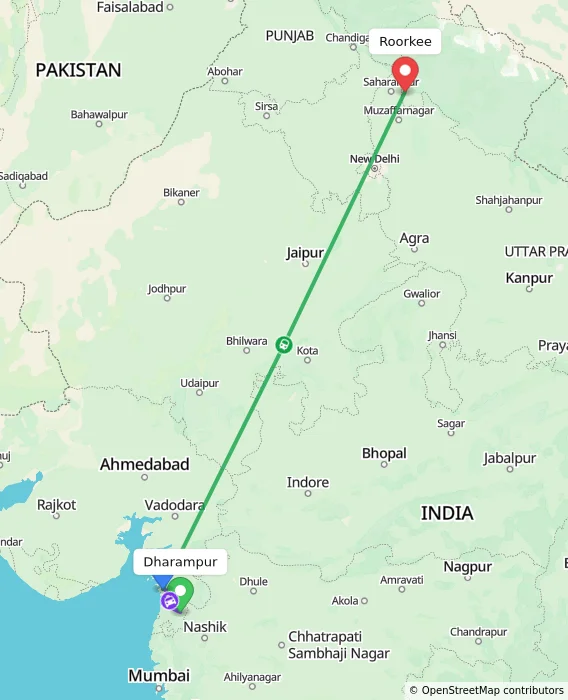Route map showing distance and travel time from Dharampur, India to Roorkee, India