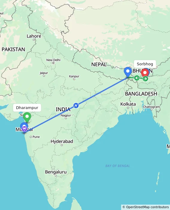 Route map showing distance and travel time from Dharampur, India to Sorbhog, India