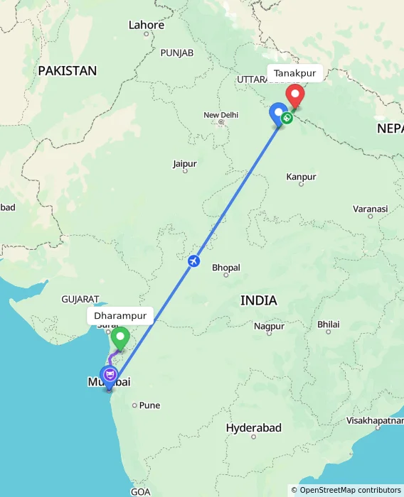 Route map showing distance and travel time from Dharampur, India to Tanakpur, India