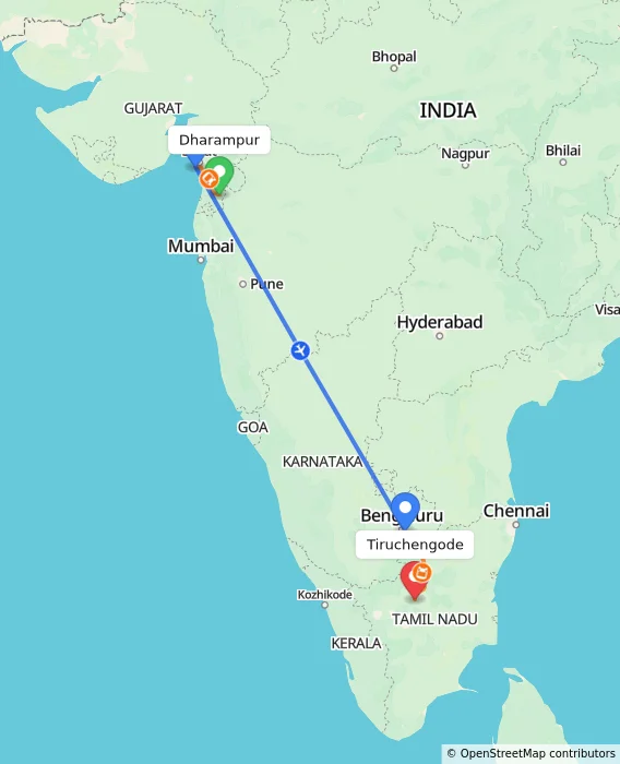 Route map showing distance and travel time from Dharampur, India to Tiruchengode, India