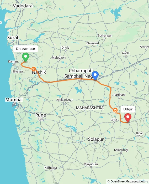 Route map showing distance and travel time from Dharampur, India to Udgir, India