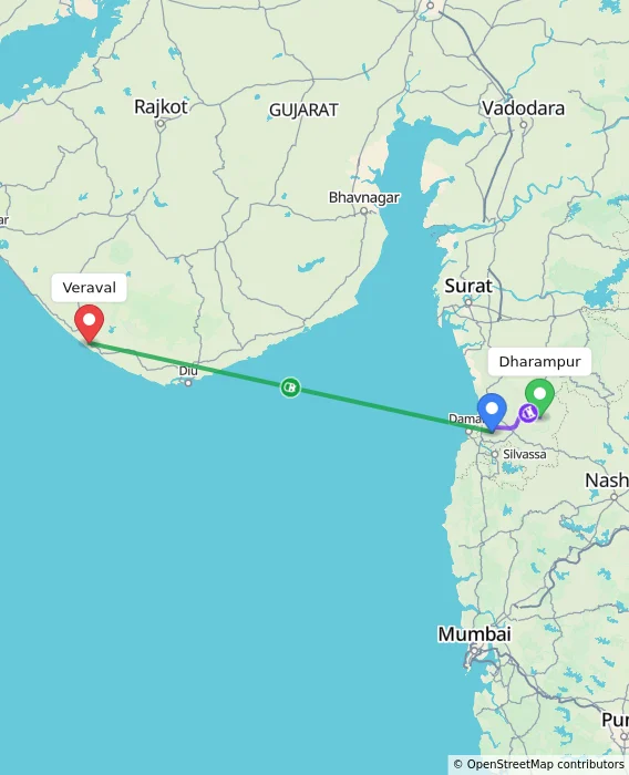 Route map showing distance and travel time from Dharampur, India to Veraval, India