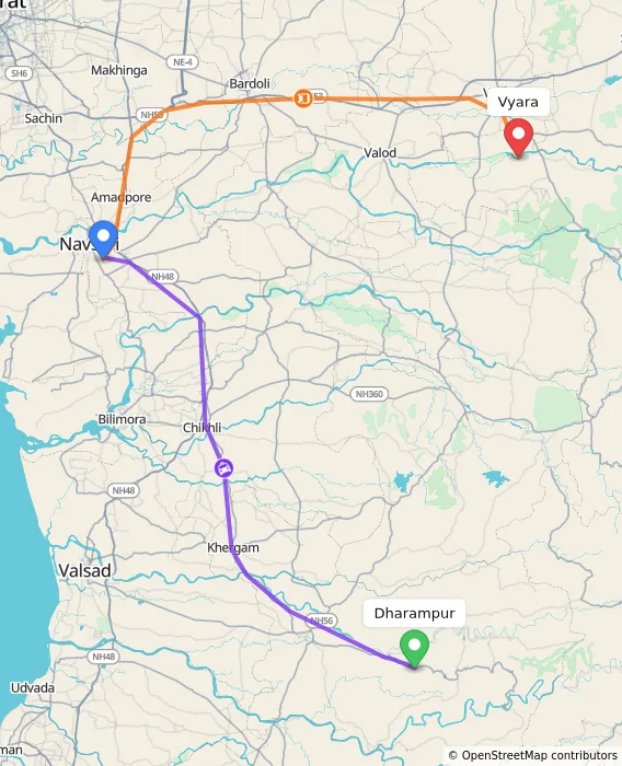 Route map showing distance and travel time from Dharampur, India to Vyara, India