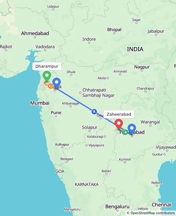 Route map showing distance and travel time from Dharampur, India to Zaheerabad, India