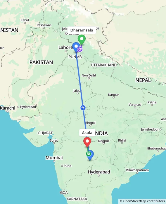 Route map showing distance and travel time from Dharamsala, India to Akola, India