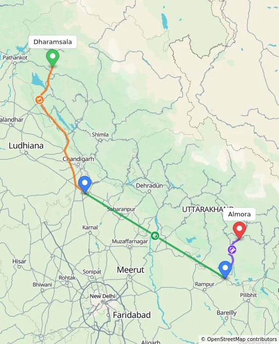 Route map showing distance and travel time from Dharamsala, India to Almora, India