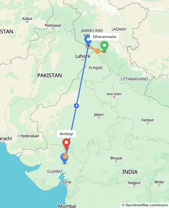 Route map showing distance and travel time from Dharamsala, India to Ambaji, India