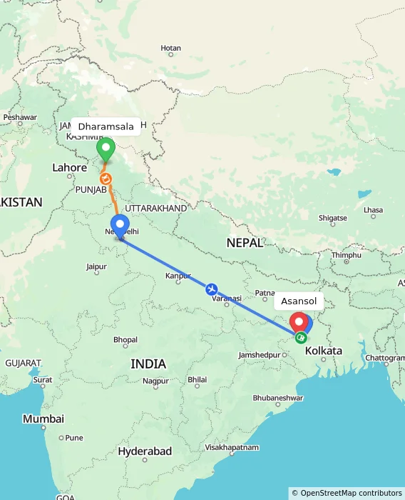 Route map showing distance and travel time from Dharamsala, India to Asansol, India