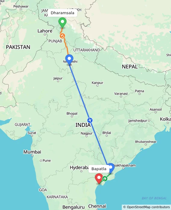 Route map showing distance and travel time from Dharamsala, India to Bapatla, India